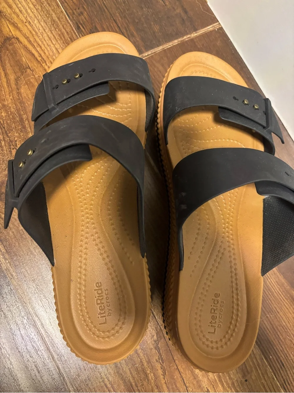 Like New Crocs Black and Tan Sandals